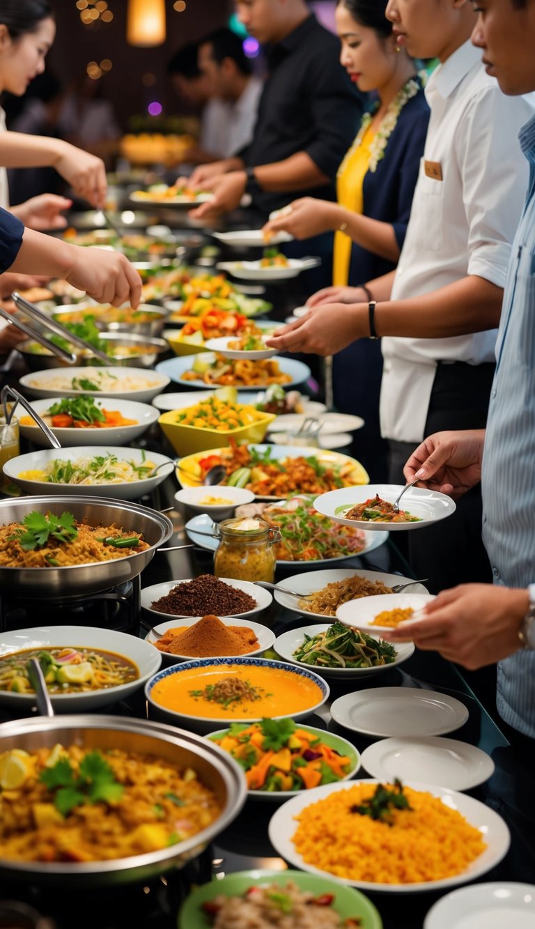 A bustling and vibrant buffet spread with a variety of Thai dishes, colorful platters, and aromatic spices. Customers eagerly fill their plates with an array of culinary delights