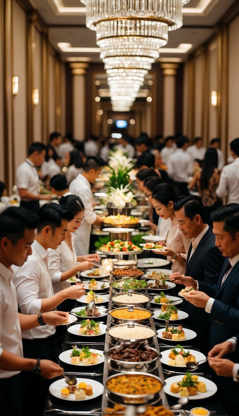 A bustling buffet in Bangkok with a variety of food stations, elegant decor, and guests enjoying their meals