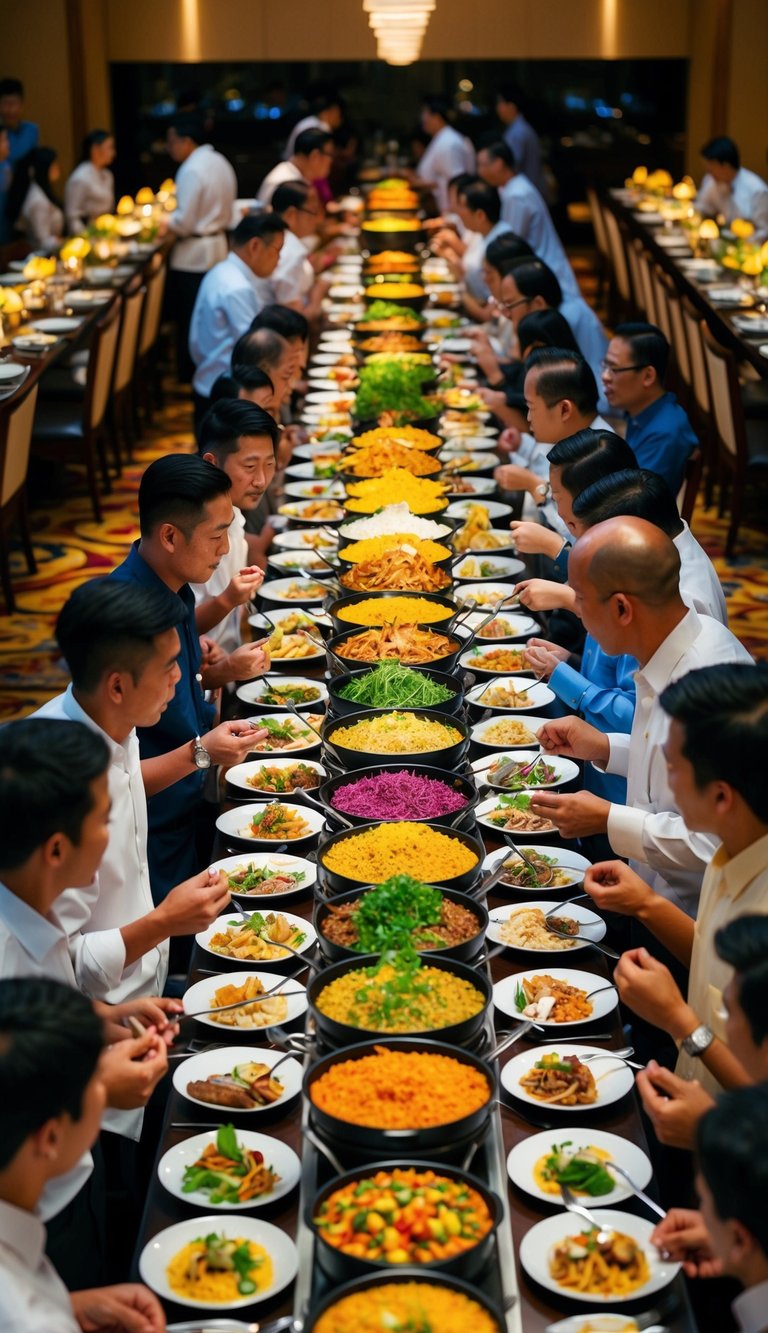A bustling buffet scene in Bangkok, with an array of colorful and aromatic dishes spread out on long tables, surrounded by eager diners enjoying the vibrant culinary experience