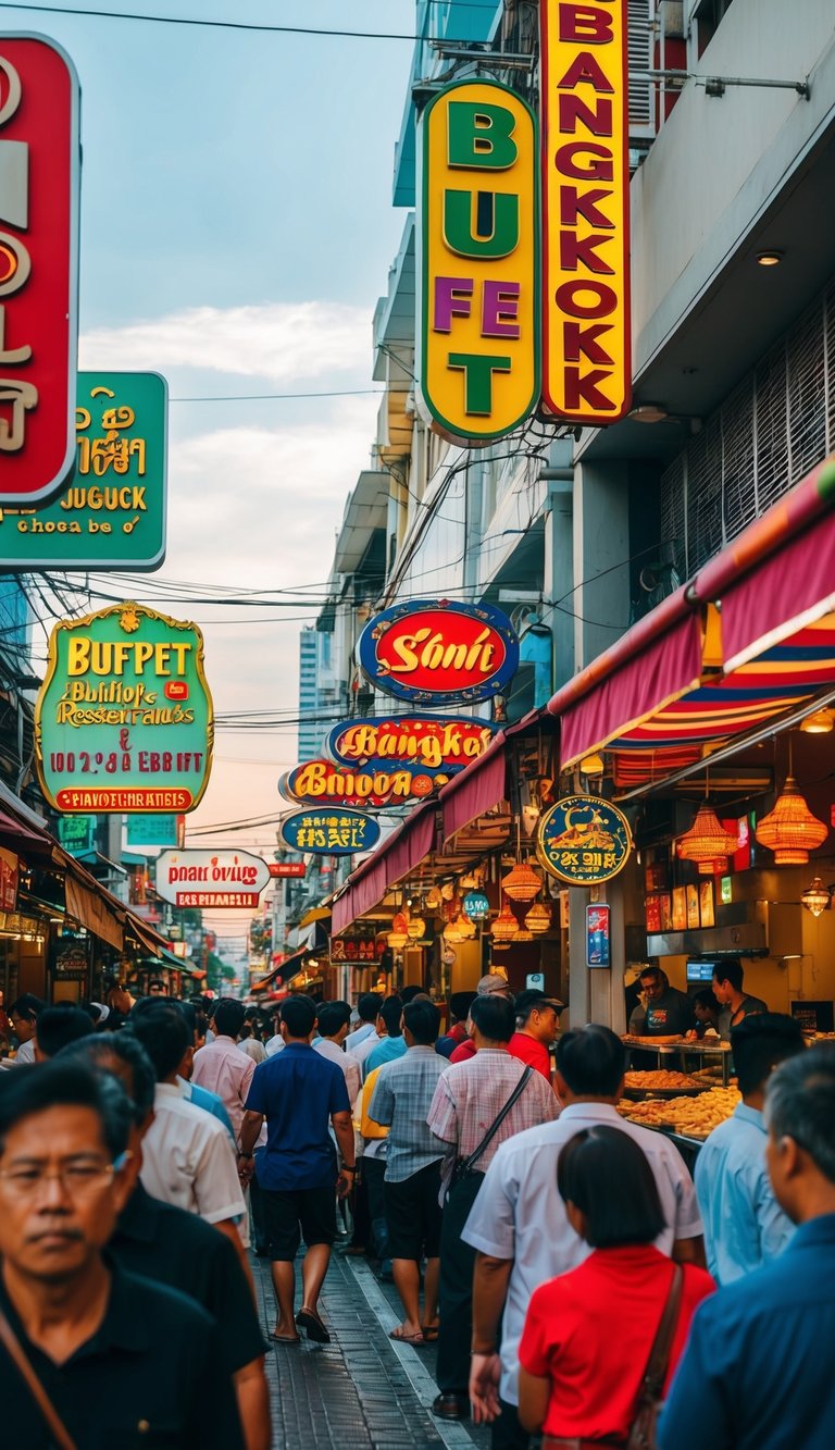 A bustling Bangkok street with colorful signs and bustling crowds, featuring a row of vibrant buffet restaurants