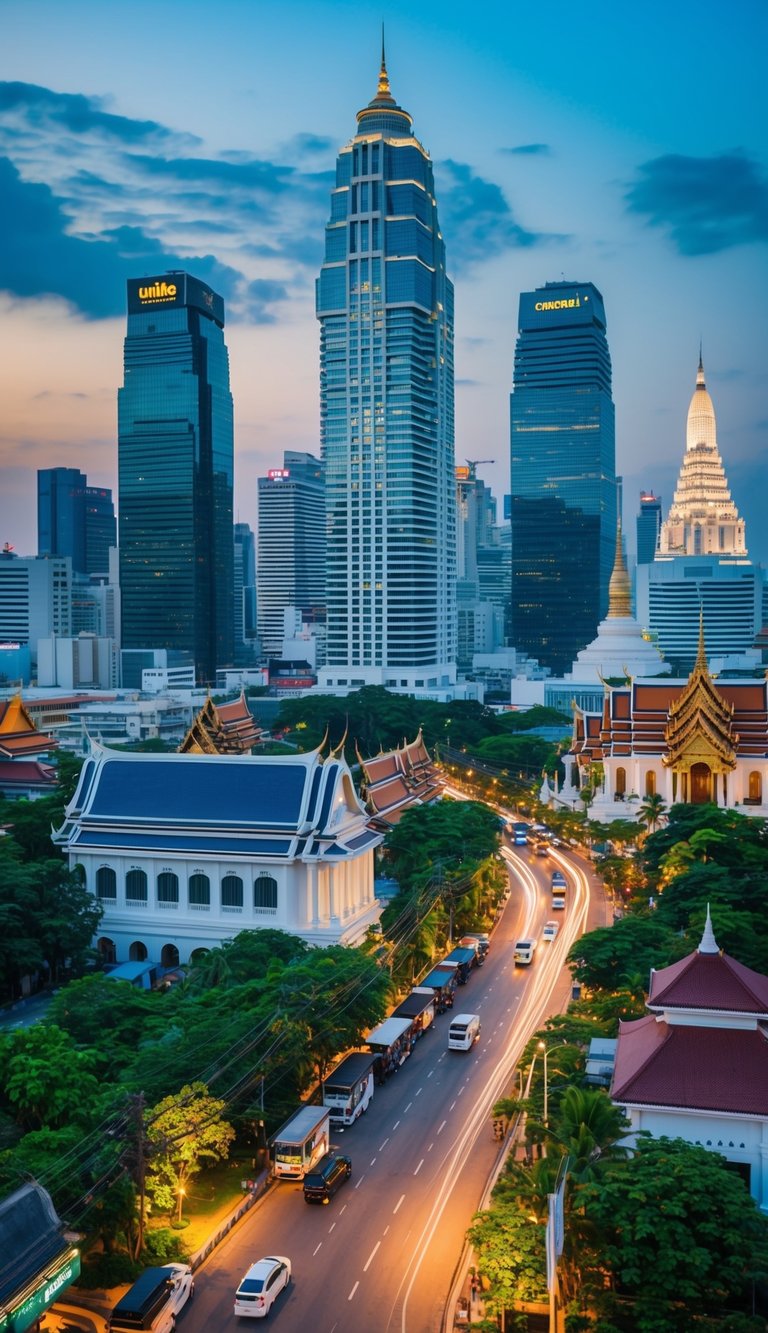 The bustling streets of Bangkok with towering skyscrapers and traditional Thai architecture, surrounded by lush greenery and vibrant city lights