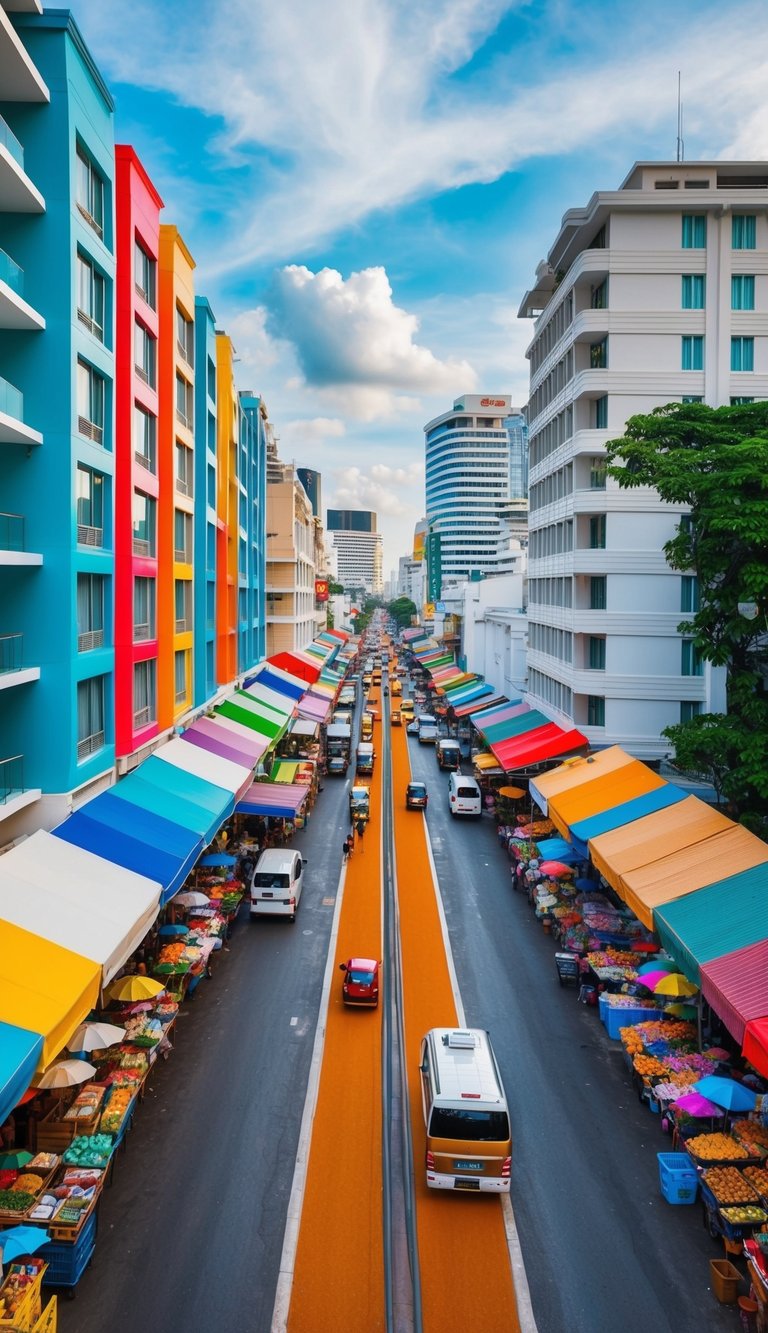 A bustling Bangkok street with colorful, modern hotels lining the road, surrounded by bustling markets and vibrant street vendors