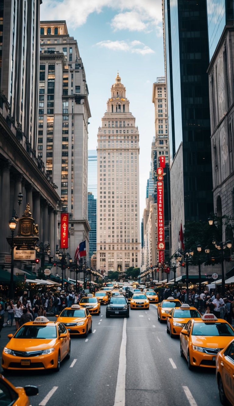 A bustling city street with towering hotels, taxis, and tourists