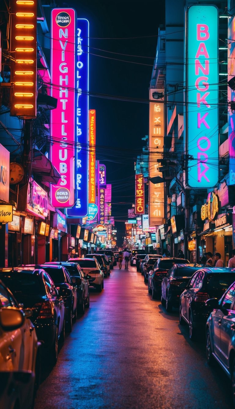 Colorful neon lights illuminate bustling streets lined with vibrant nightclubs and bars, pulsing with music and energy in Bangkok's lively nightlife scene