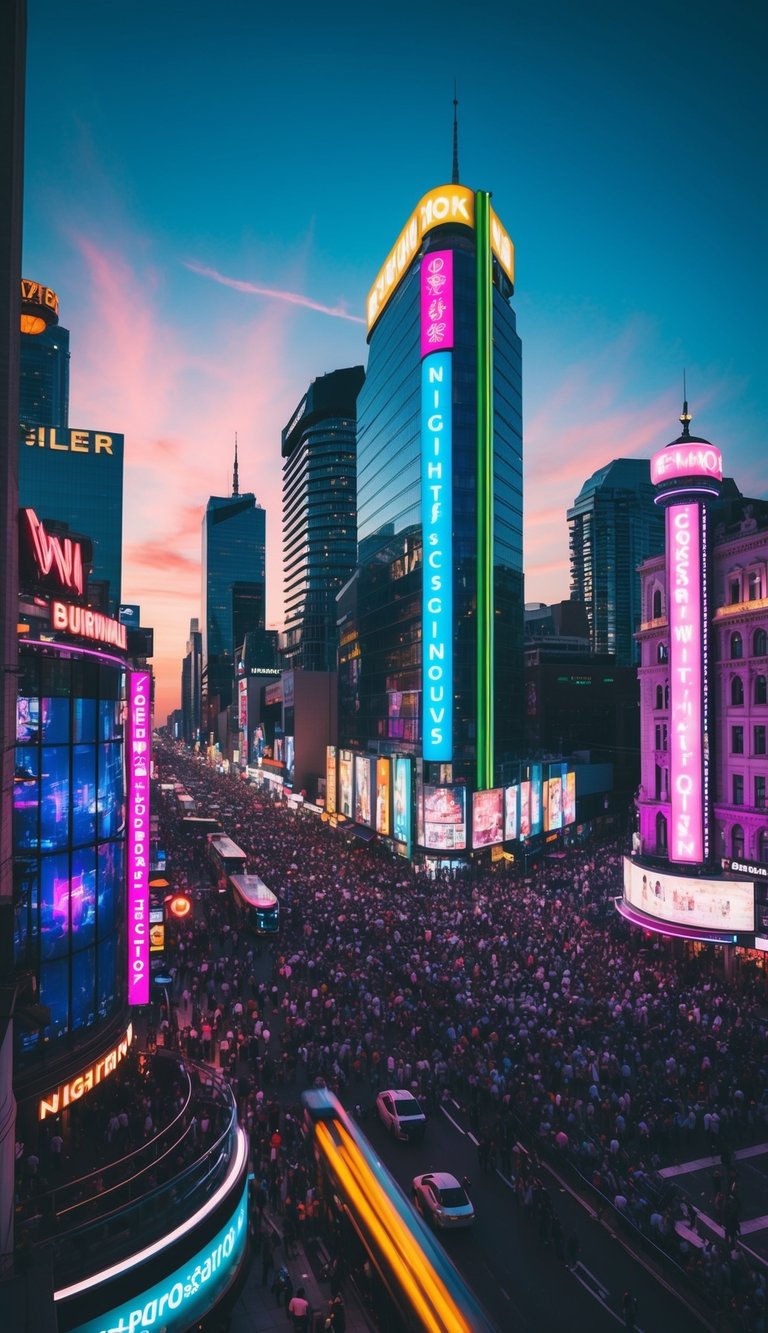 A vibrant cityscape with neon-lit buildings and bustling streets, featuring sleek and modern nightclubs with lively crowds and pulsating music