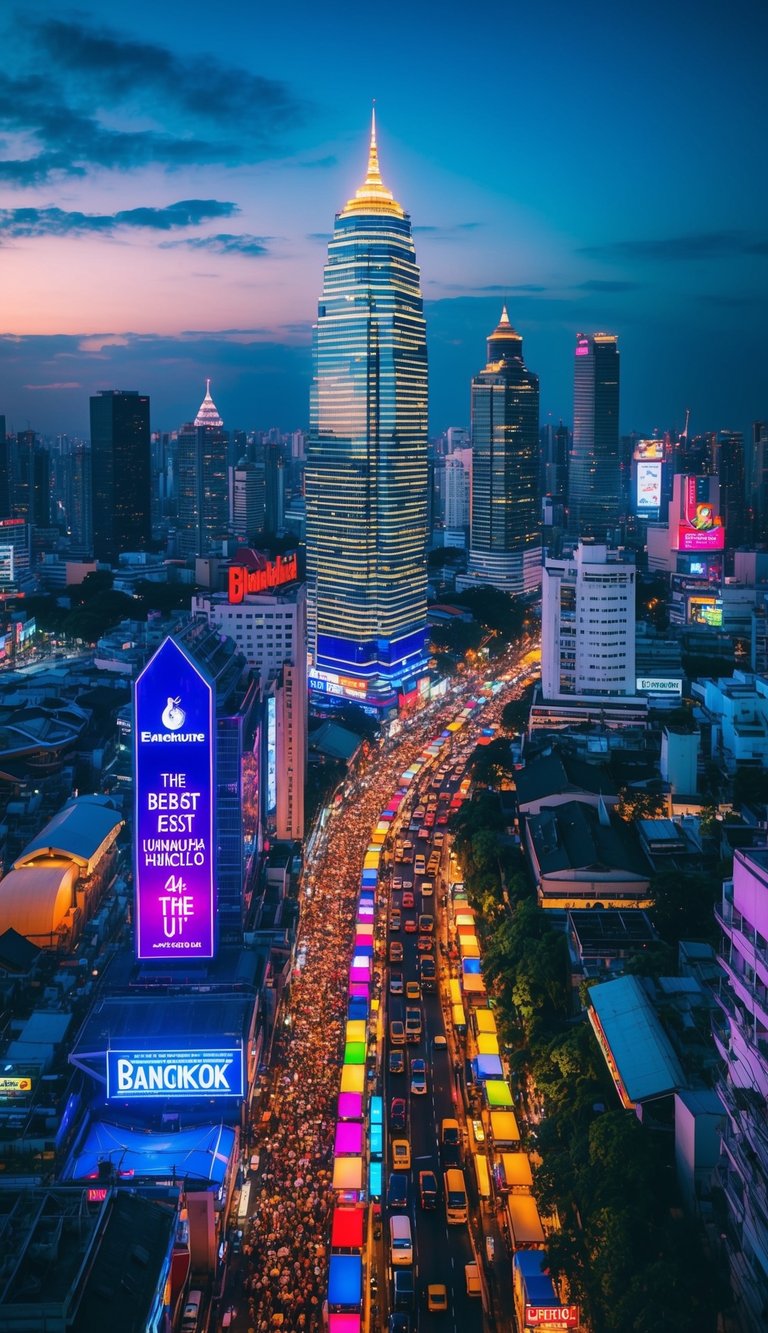A vibrant cityscape with illuminated skyscrapers and colorful neon signs, bustling streets filled with people, and lively music emanating from the best nightclubs in Bangkok