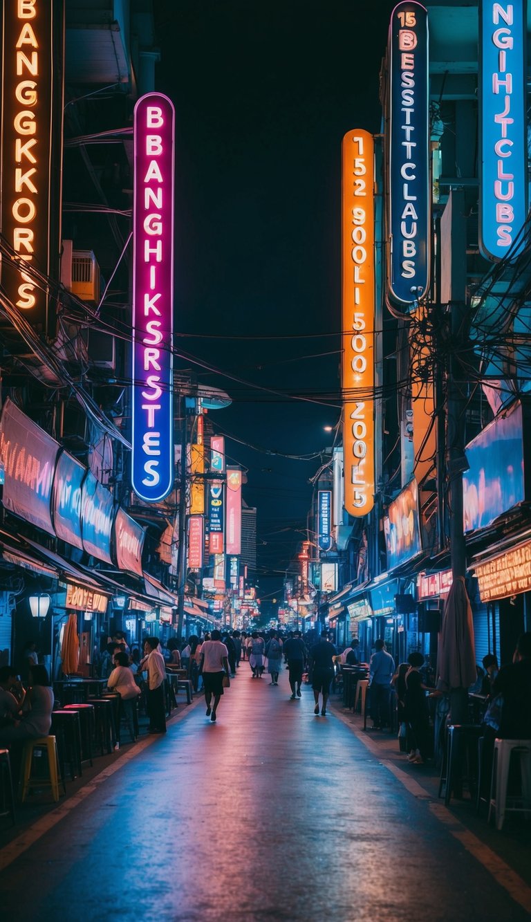 A bustling Bangkok street at night, neon lights and music pouring out from the 15 best nightclubs, creating an electrifying and unforgettable atmosphere