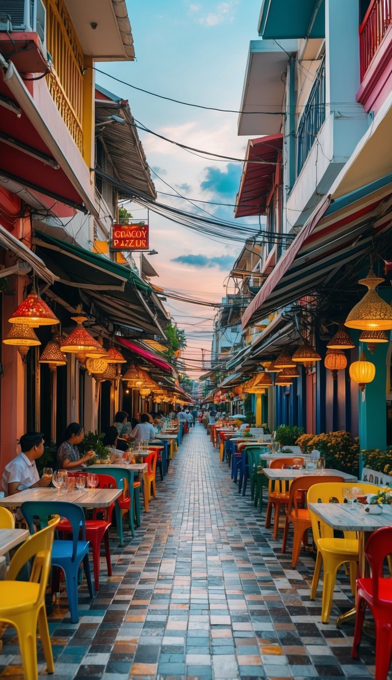 A bustling Bangkok street lined with colorful and vibrant restaurants, each with their own unique architecture and decor. The aroma of sizzling street food fills the air