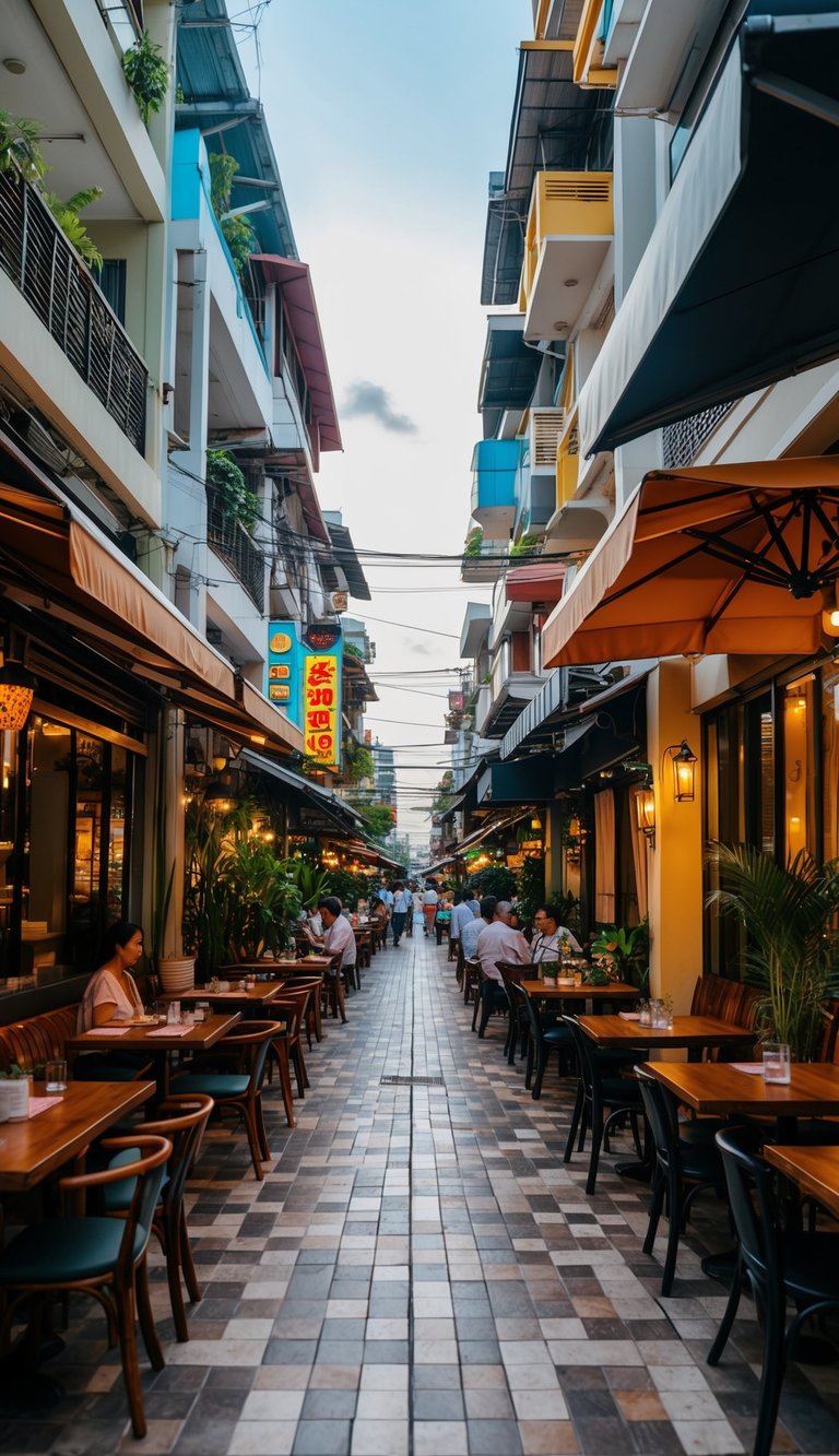 A bustling street in Bangkok with a variety of restaurants, from traditional Thai to international cuisine, each with its own unique ambiance and decor