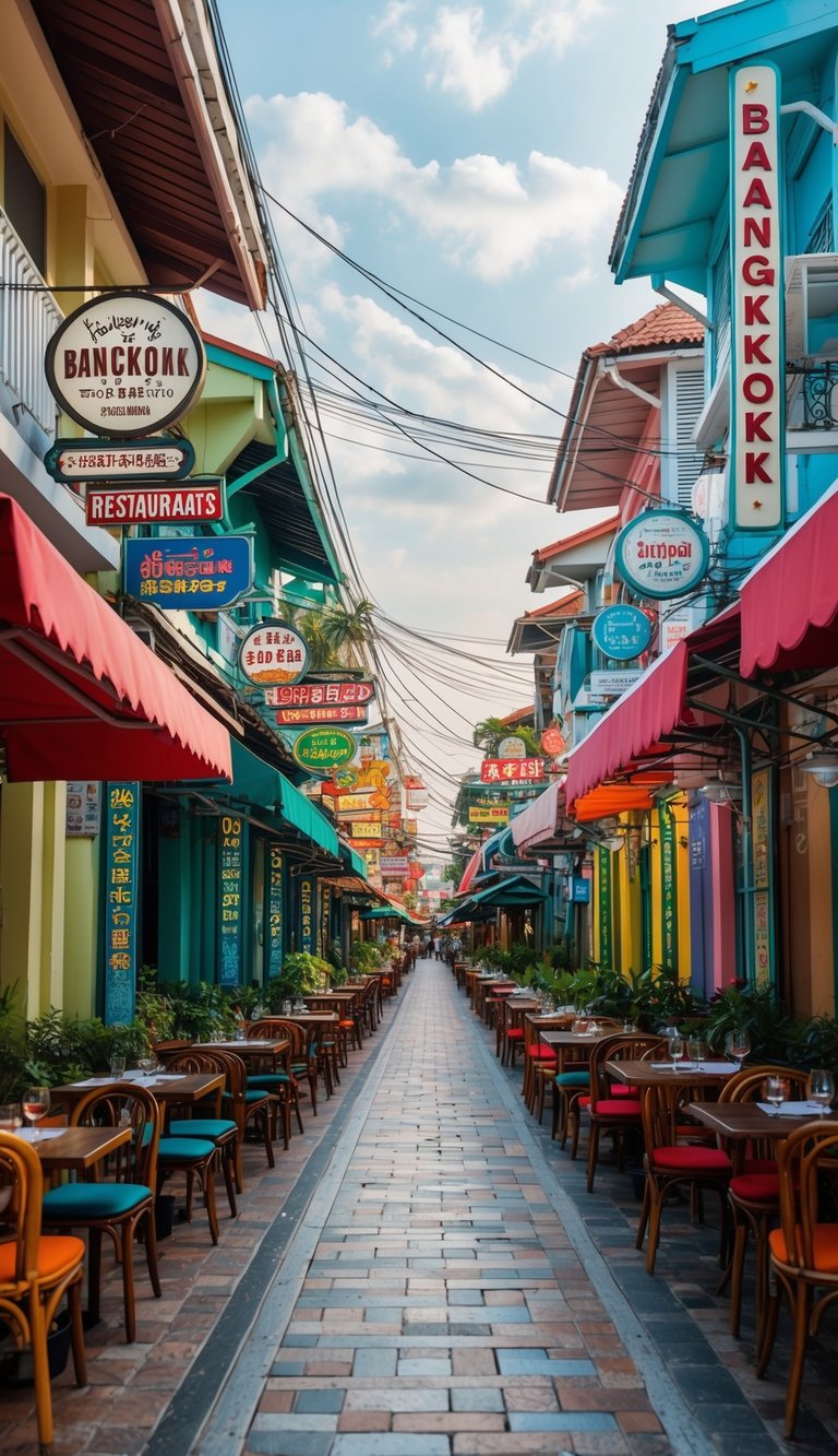 A bustling street in Bangkok lined with colorful and vibrant restaurants, each with their own unique architecture and signage