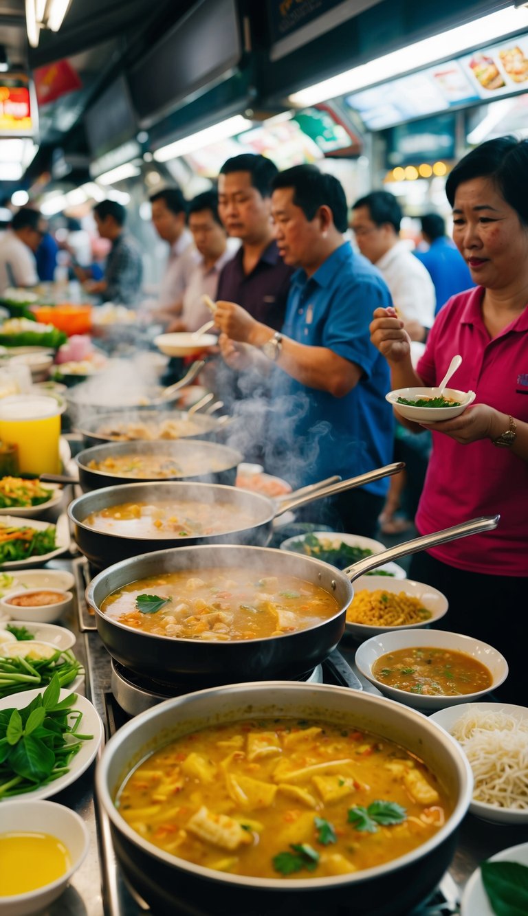 A bustling street food market in Bangkok, with steaming pots of fragrant Tom Yum soup, colorful ingredients, and eager customers