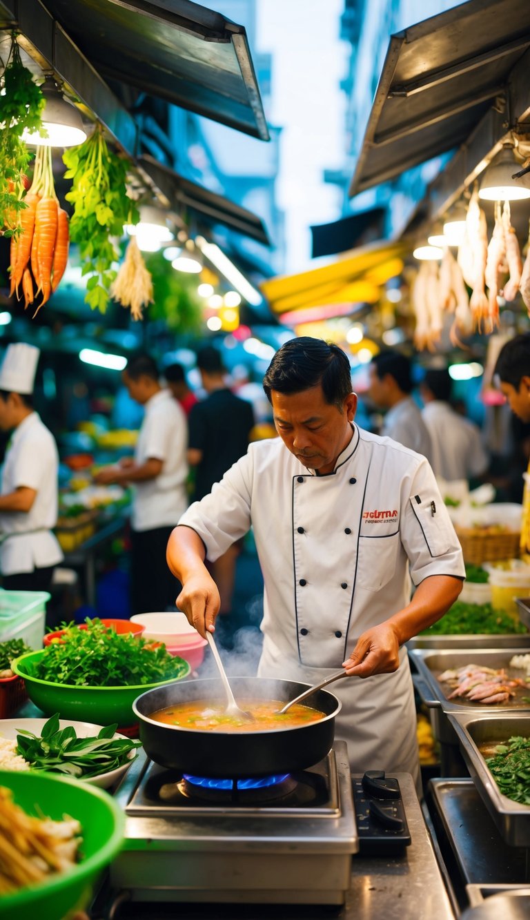 A bustling Bangkok street market with colorful stalls selling fresh herbs, spices, and seafood. A chef expertly prepares a steaming pot of Tom Yum soup over a sizzling stove