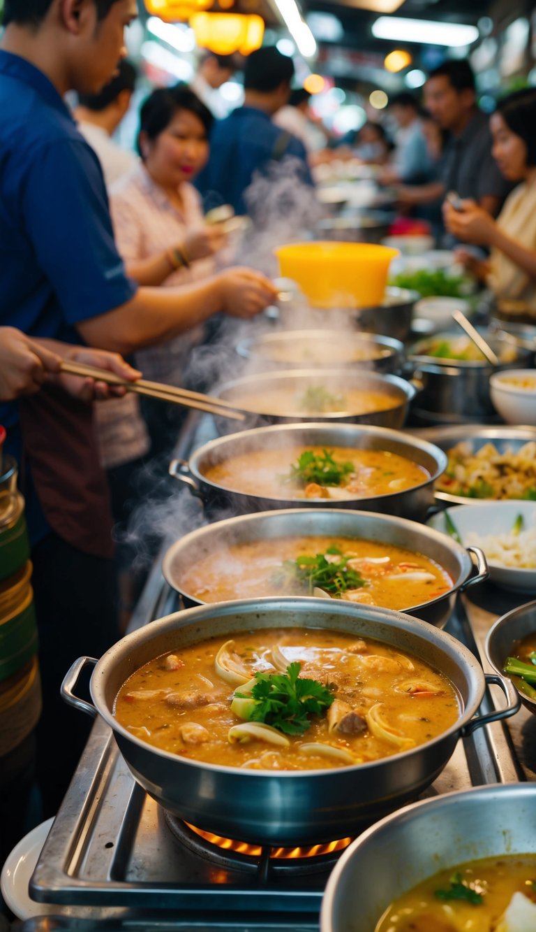 A bustling street food market in Bangkok, with steaming pots of fragrant Tom Yum soup, surrounded by eager diners
