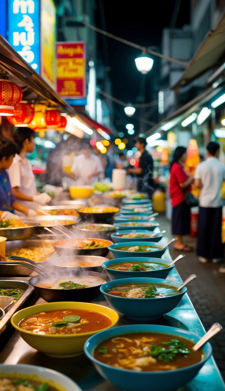 A bustling street in Bangkok with colorful food stalls and steaming bowls of Tom Yum soup
