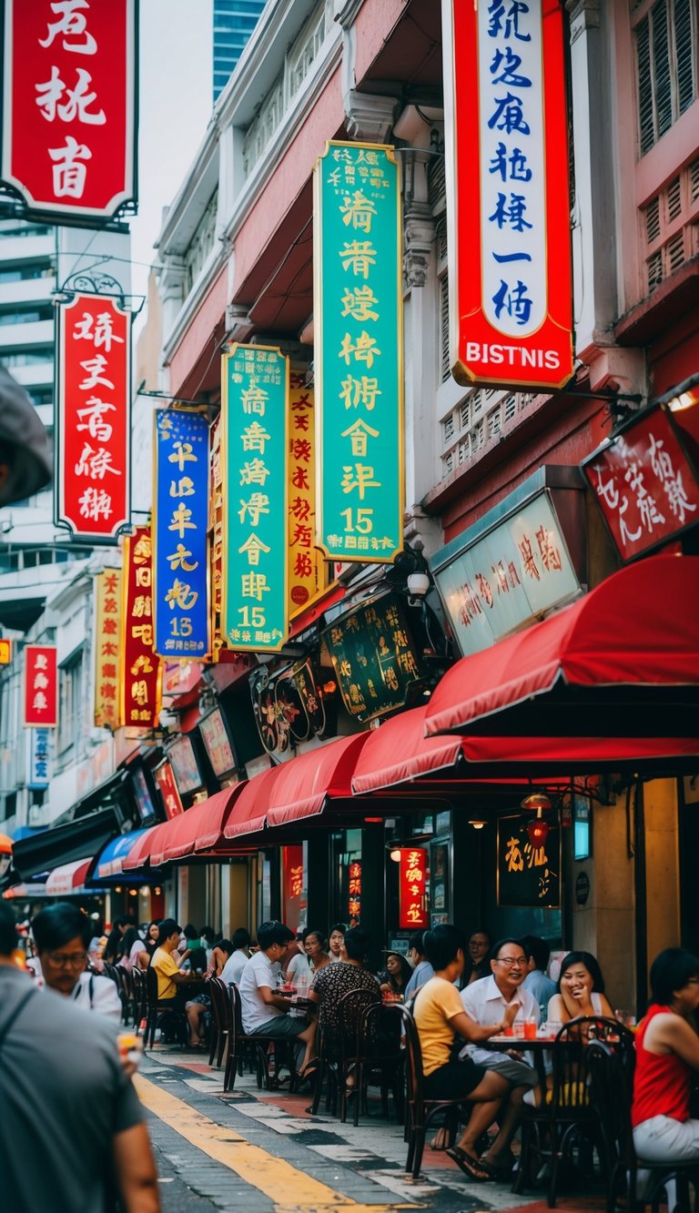 A bustling city street with colorful signs and bustling activity outside of 15 Chinese restaurants in Kuala Lumpur