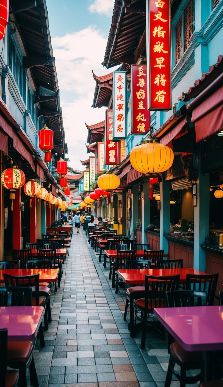 A bustling, vibrant street in Kuala Lumpur, lined with colorful Chinese restaurants showcasing the diversity of Chinese cuisine