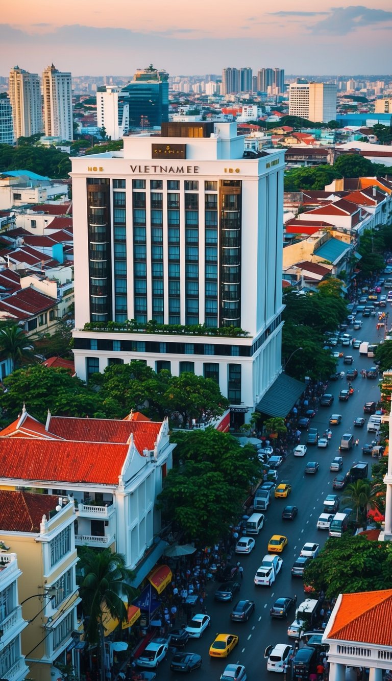 A bustling cityscape with modern high-rise hotels and traditional Vietnamese architecture, surrounded by vibrant street life and bustling traffic