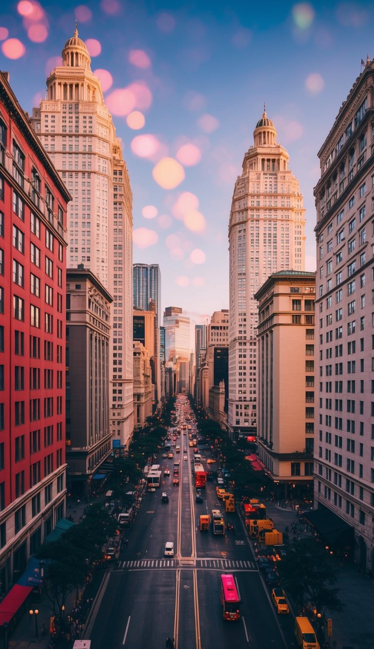 A bustling city street with towering hotels lining the skyline, surrounded by vibrant colors and bustling activity