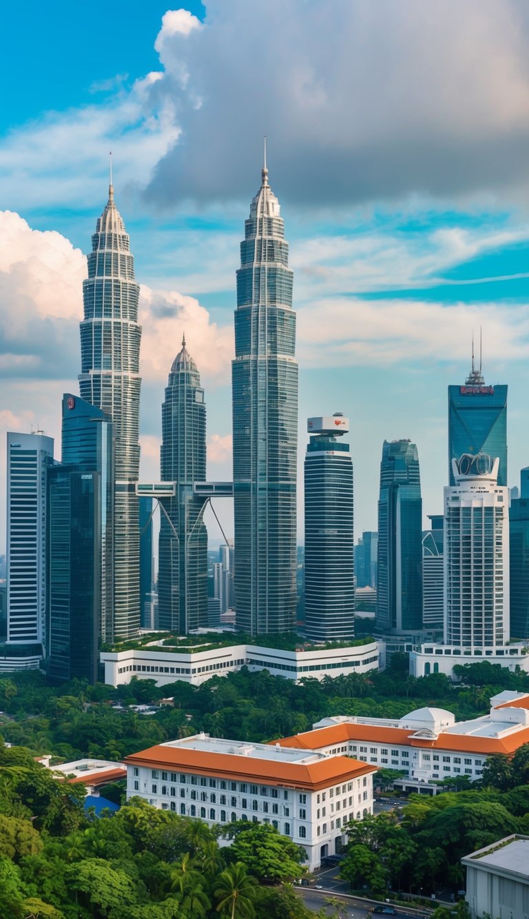 A bustling city skyline with iconic skyscrapers and lush greenery, showcasing a variety of modern and luxurious hotels in Kuala Lumpur
