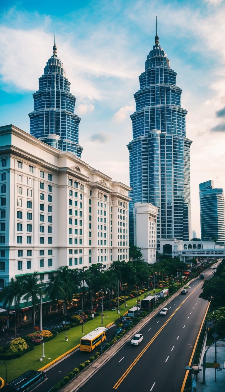 A bustling Kuala Lumpur street with a row of modern and luxurious hotels towering above, surrounded by vibrant city life and lush greenery