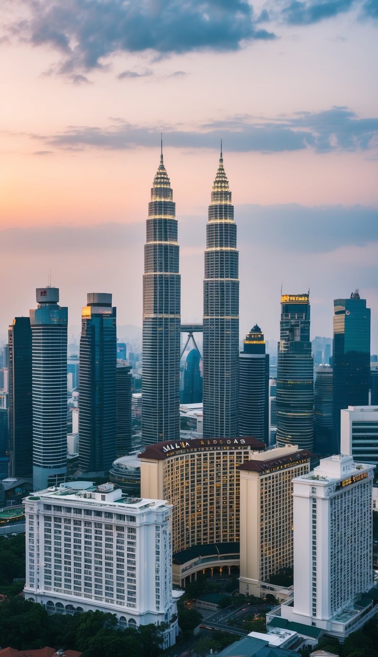A bustling city skyline with 15 prominent hotel buildings in Kuala Lumpur