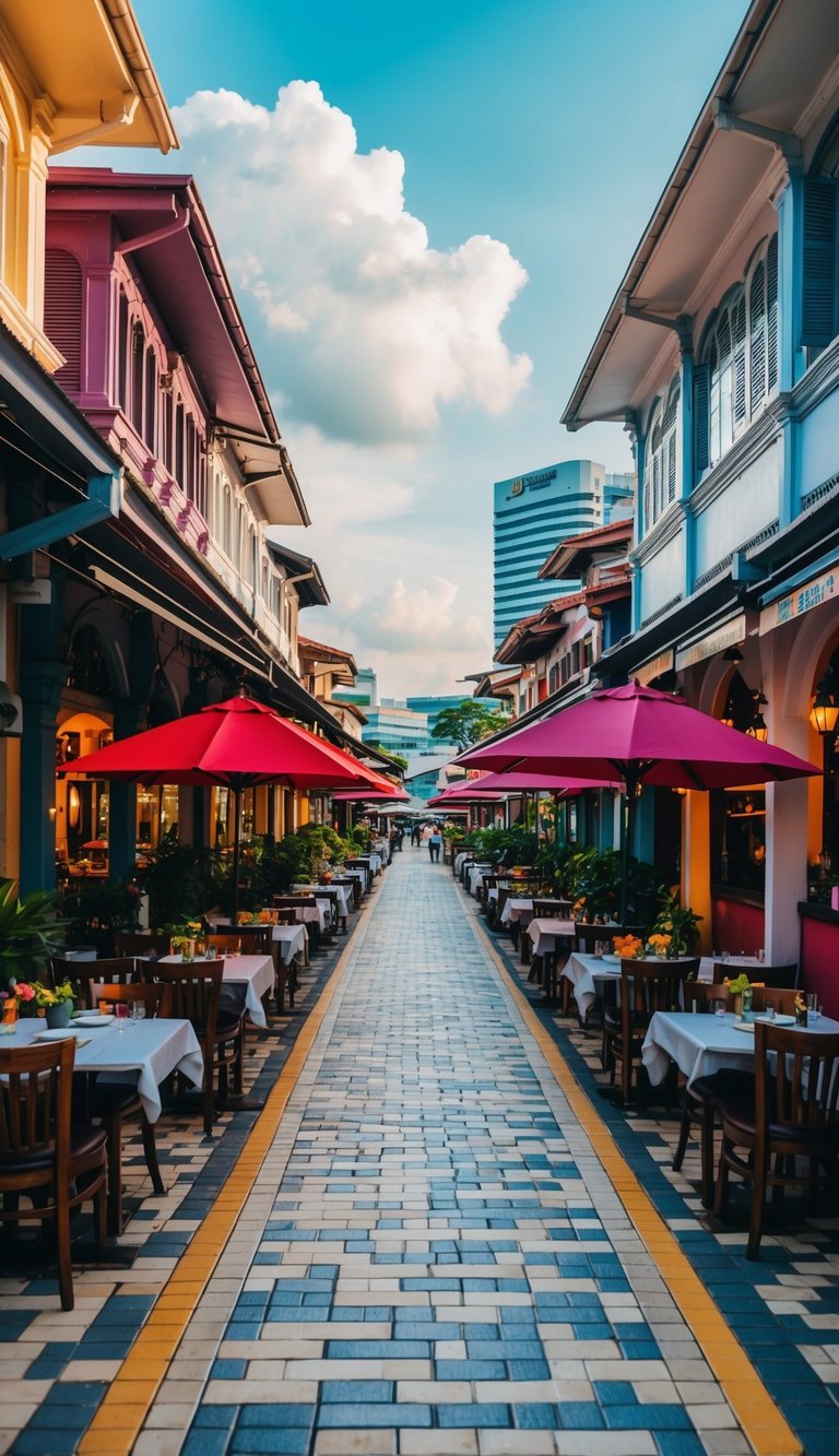 A bustling street in Kuala Lumpur lined with vibrant, diverse restaurants, each showcasing their unique cuisine and ambiance