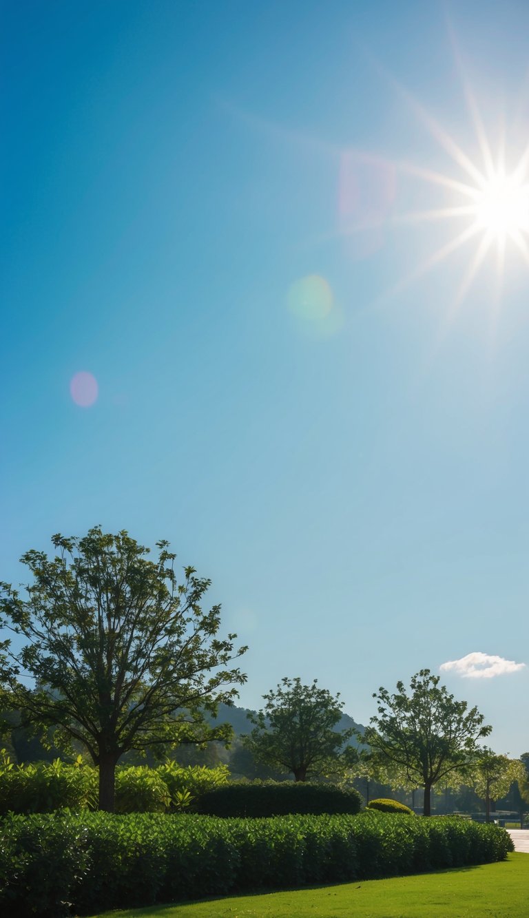 A sunny day in February with clear blue skies, a gentle breeze, and lush greenery, creating a peaceful and pleasant atmosphere