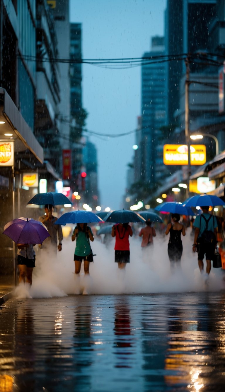 Rain falls on a bustling Bangkok street, steam rising from the hot pavement as people seek cover from the sudden downpour