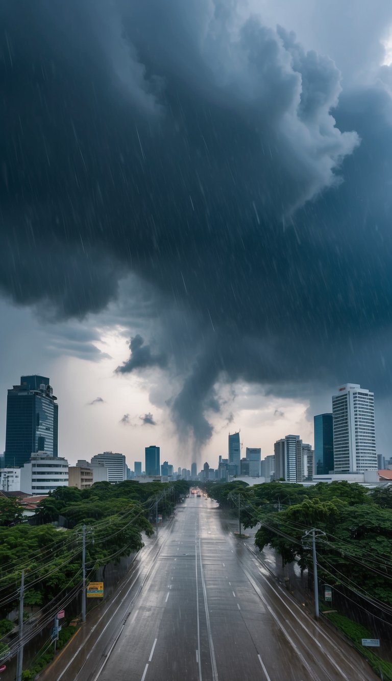 Dark clouds loom over the city as heavy rain pours down, causing streets to flood. Winds whip through the trees, signaling the start of the monsoon season in Bangkok