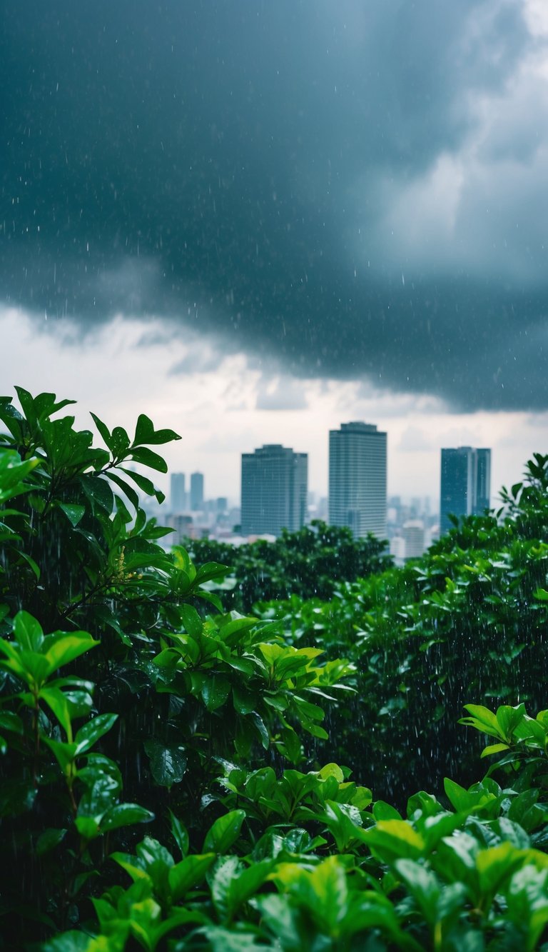 Rain falls steadily on lush green foliage, as gray clouds loom over the city. The air is cool and refreshing, a welcome relief from the usual heat