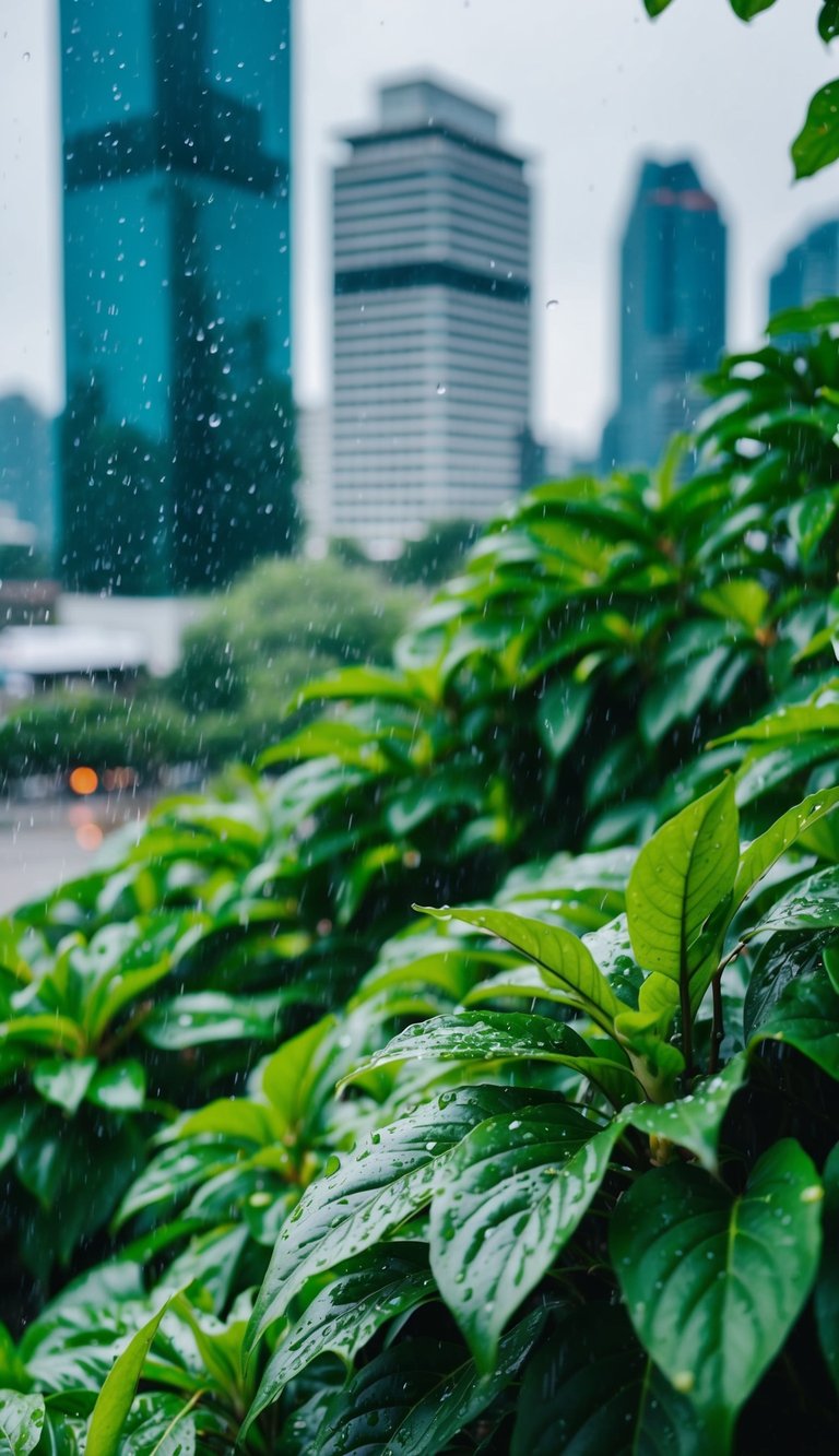 Rain falls steadily on lush green foliage in Bangkok, with temperatures remaining moderate
