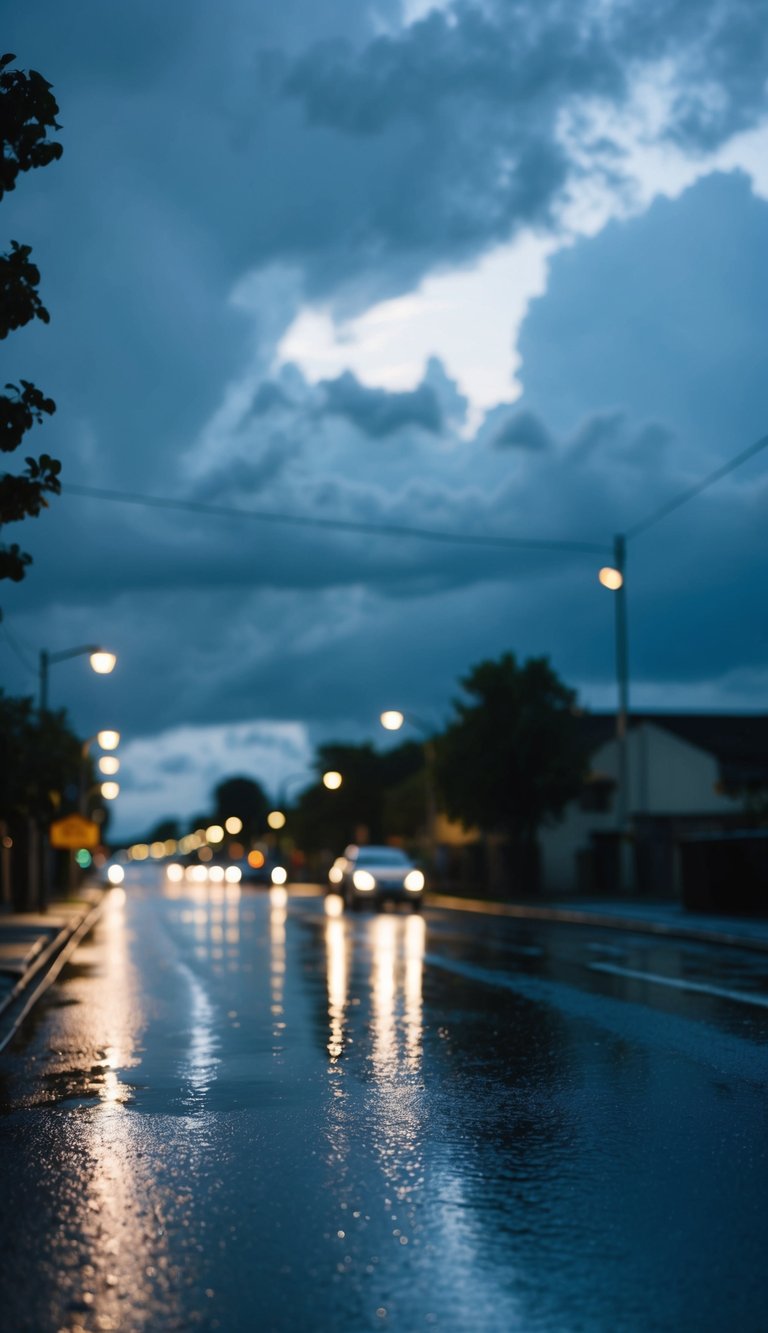 A wet street glistens under cloudy skies, with lingering humidity in the air