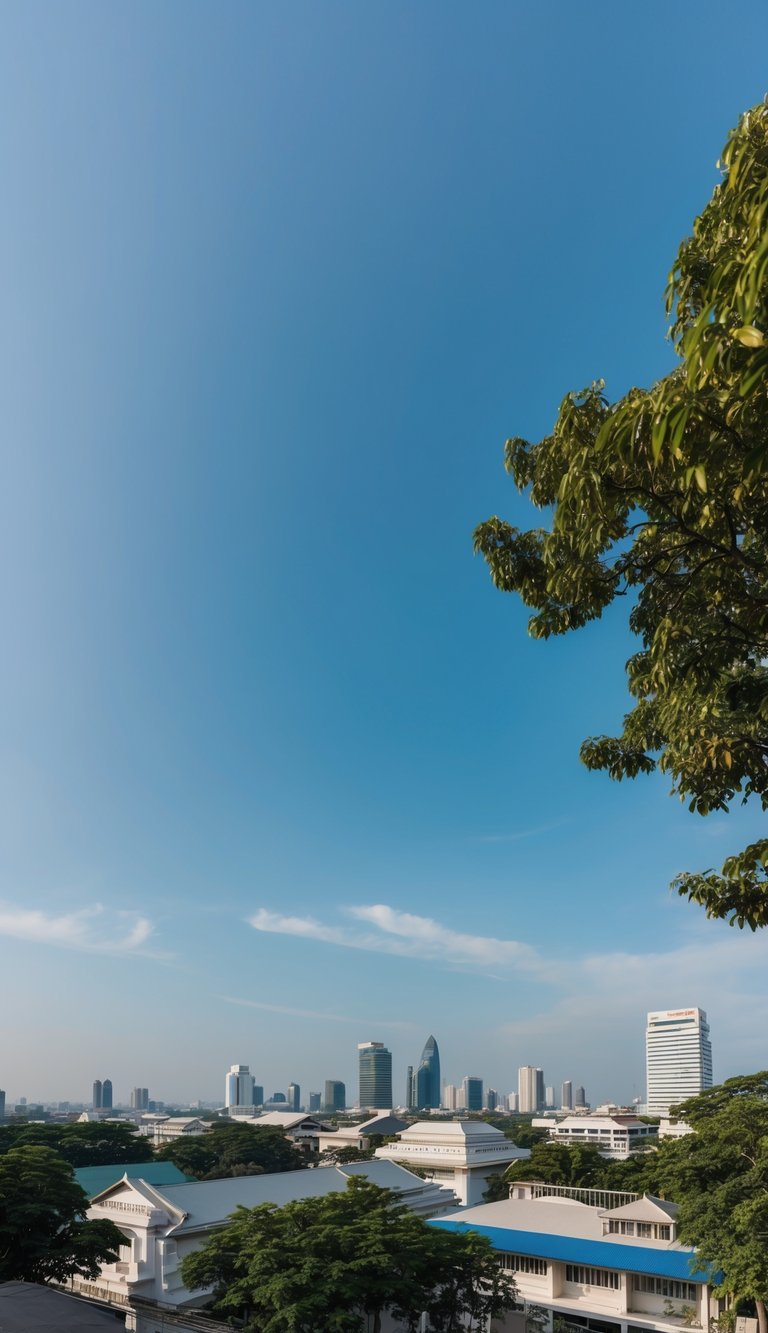 A clear blue sky over Bangkok, with a gentle breeze and comfortable temperatures. Trees and buildings stand against the backdrop of the cool dry season