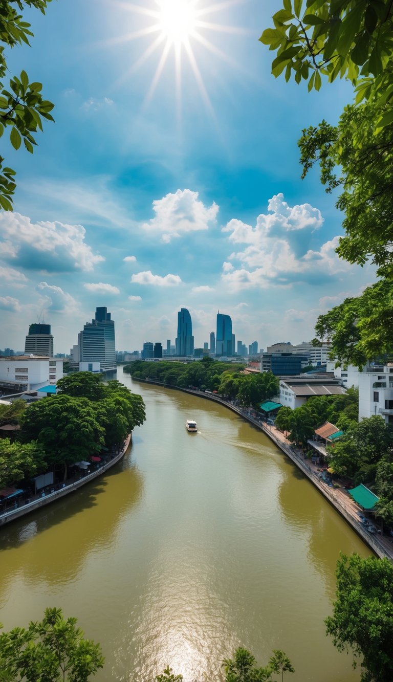 A bustling cityscape under a bright, sunny sky with occasional clouds, surrounded by lush greenery and the Chao Phraya River flowing through the city