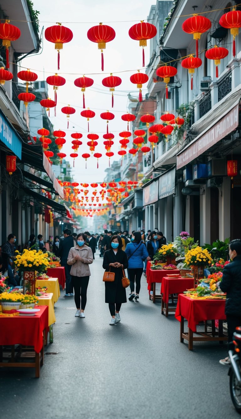 A bustling street in Ho Chi Minh City in February, with people enjoying the pleasant temperatures and colorful decorations, while avoiding the Tet celebrations