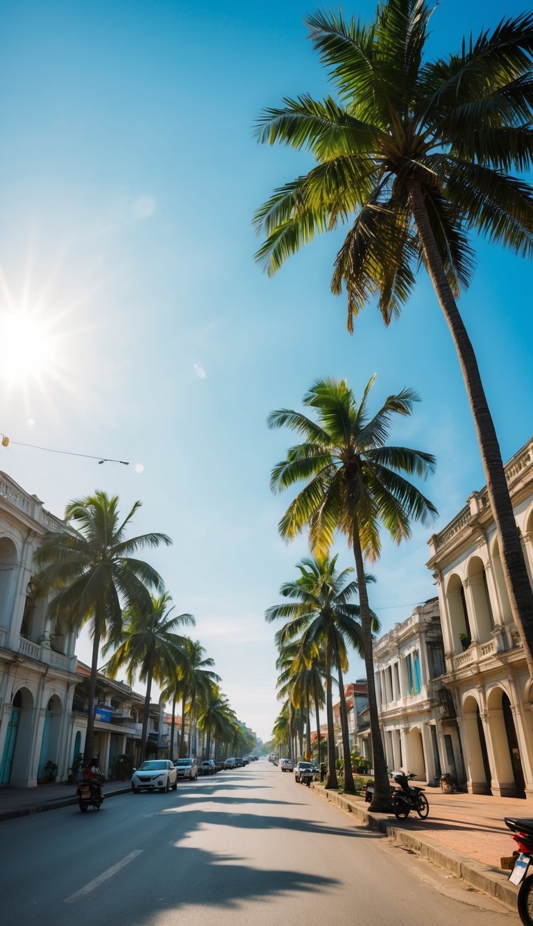A sunny street in Ho Chi Minh City, with bright blue skies and palm trees swaying in the warm, dry breeze