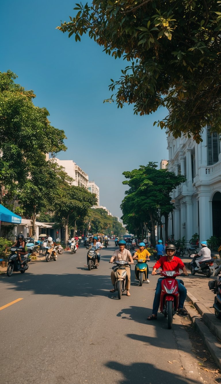 A sunny day in Ho Chi Minh City, with people enjoying outdoor activities in the warm and dry weather