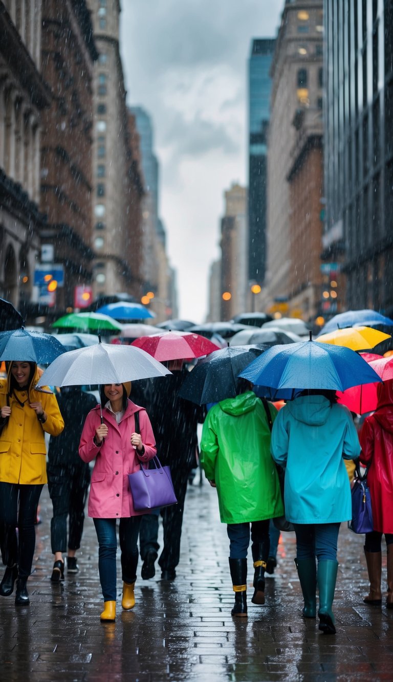 A bustling city street with people carrying umbrellas and colorful raincoats, as rain pours down from the overcast sky