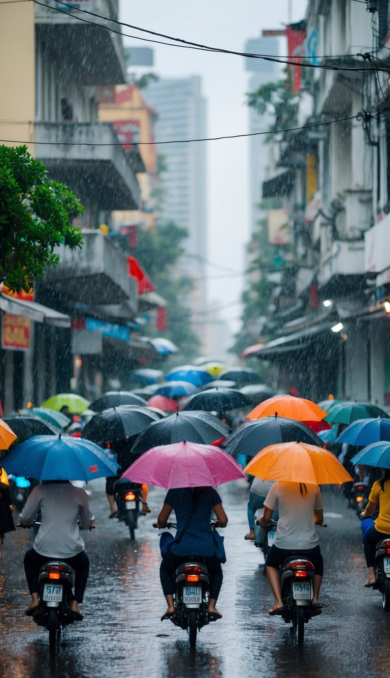 A bustling street in Ho Chi Minh City, with rain pouring down and umbrellas dotting the scene. The city is alive with activity, but there are fewer tourists, making it a peaceful time to visit