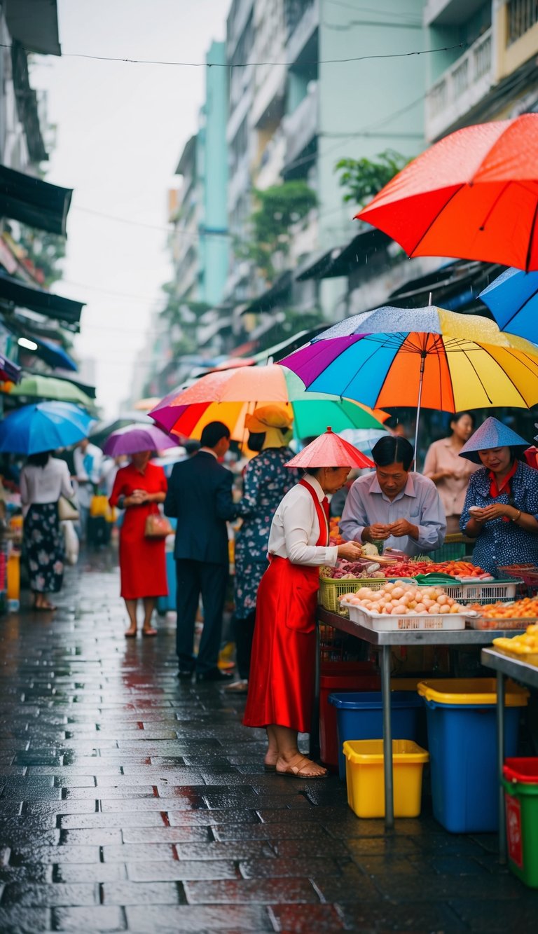 A bustling street in Ho Chi Minh City, with colorful umbrellas and rain-soaked pavement. People haggle at market stalls, seeking deals