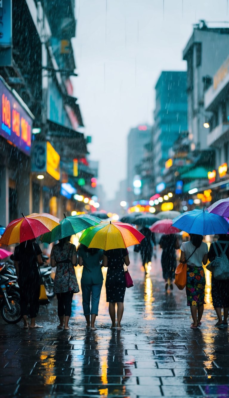 Heavy rain pouring down on the bustling streets of Ho Chi Minh City, with people taking cover under colorful umbrellas and the city's vibrant lights reflecting off the wet pavement