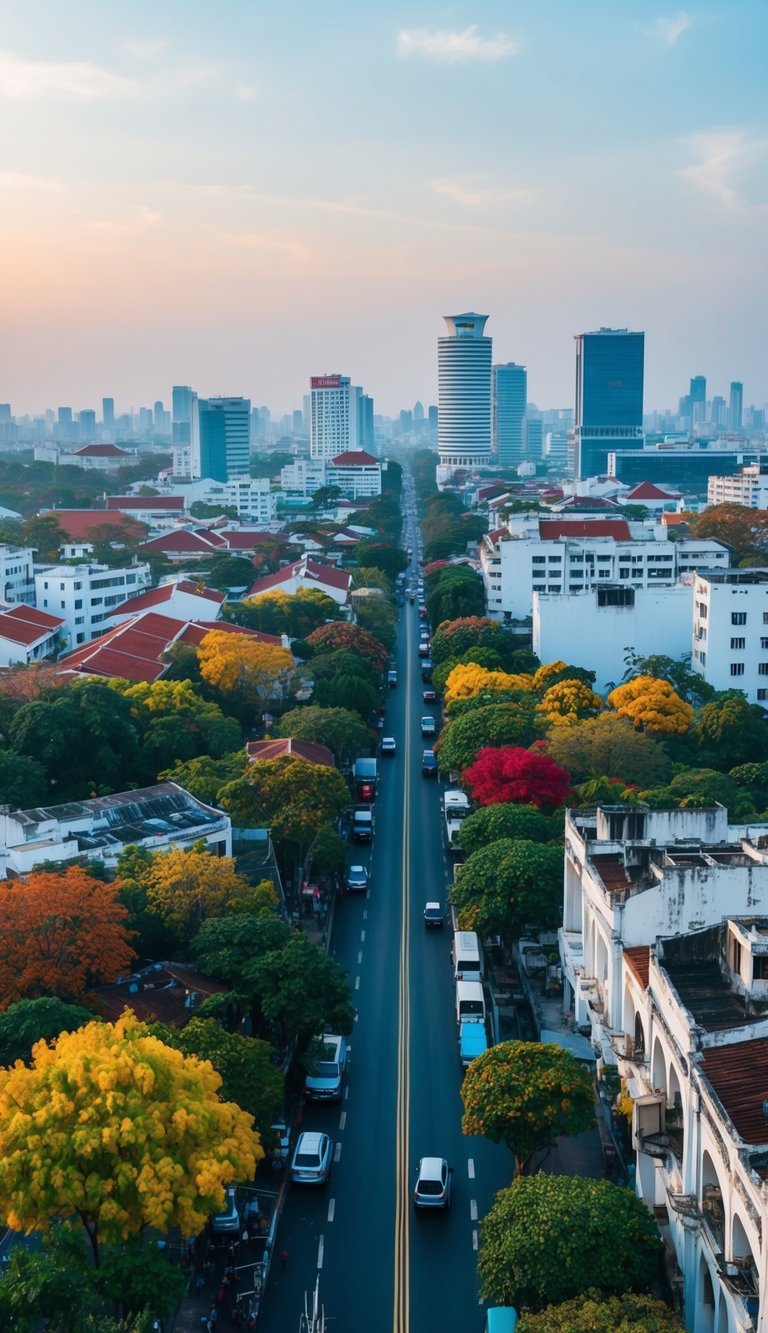 A cityscape of Ho Chi Minh with changing foliage, clear skies, and moderate temperatures during the transition from rainy to dry season in October