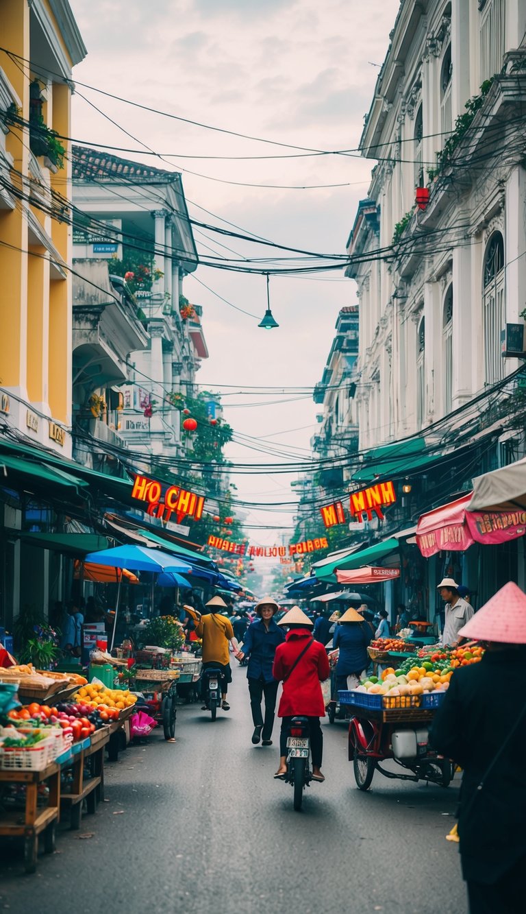 The bustling streets of Ho Chi Minh City in November, with colorful markets and vibrant city life