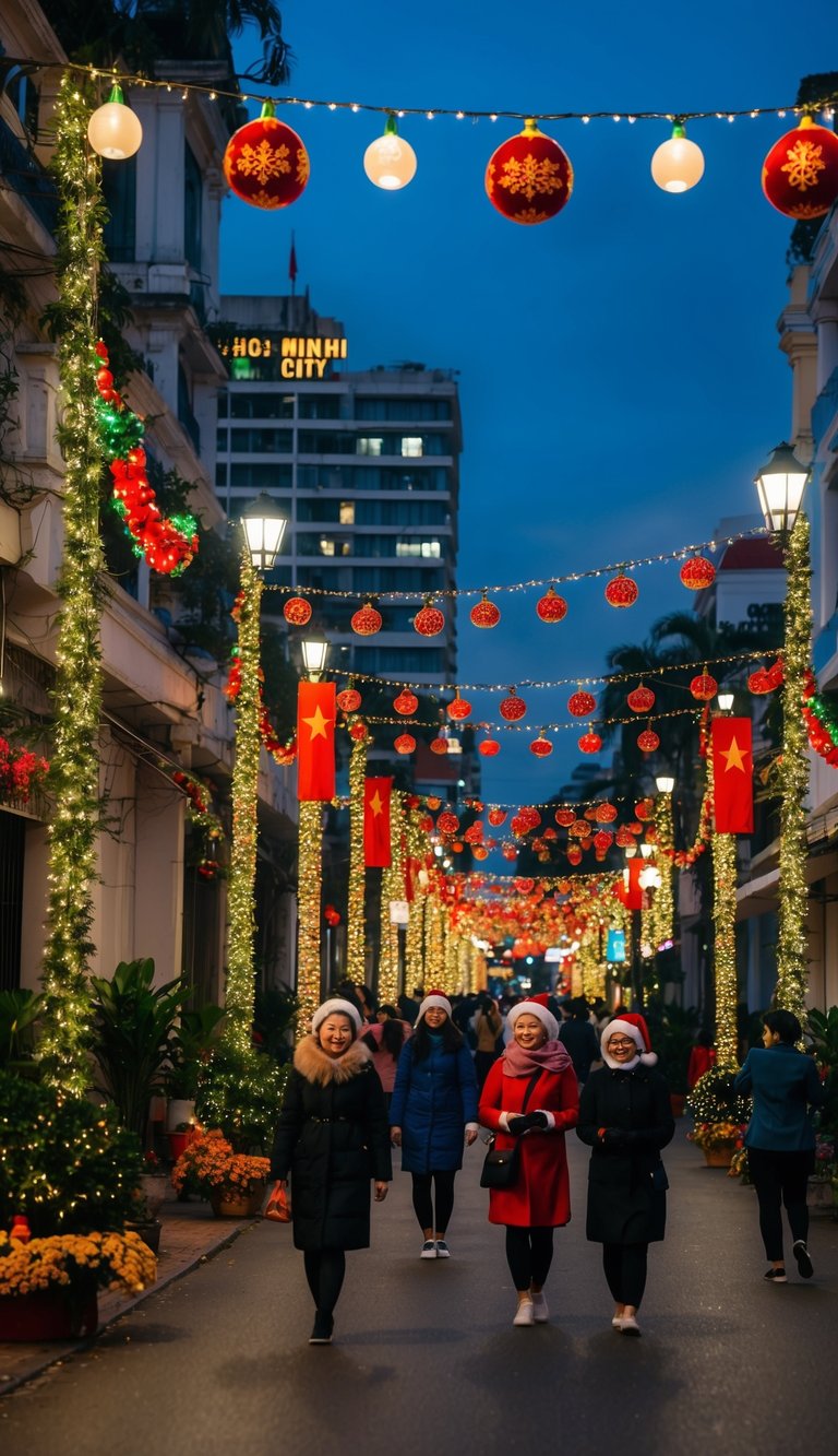 The streets of Ho Chi Minh City in December are adorned with festive lights and decorations, with locals and tourists enjoying the cool weather and holiday spirit