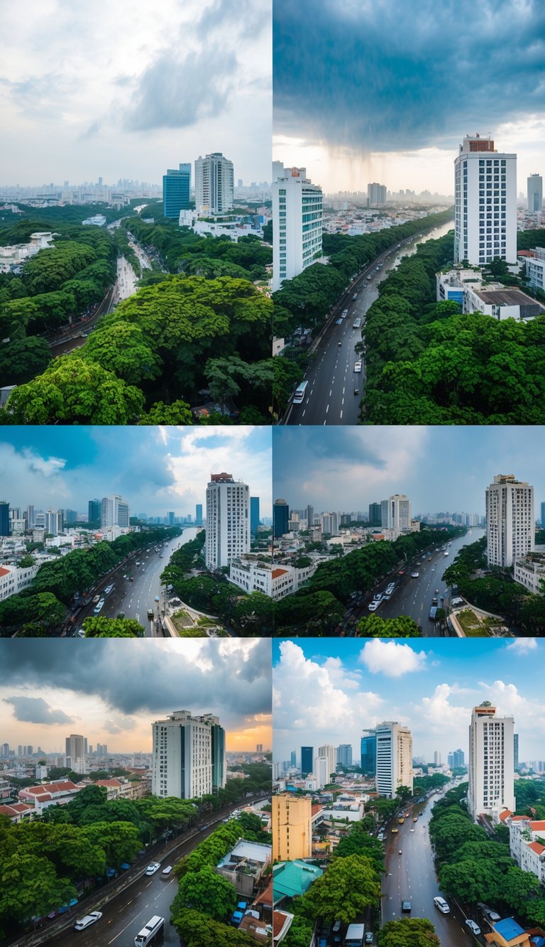 A bustling cityscape with changing seasons, from lush greenery to rainy monsoons and sunny skies, capturing the diverse weather patterns throughout the year in Ho Chi Minh City