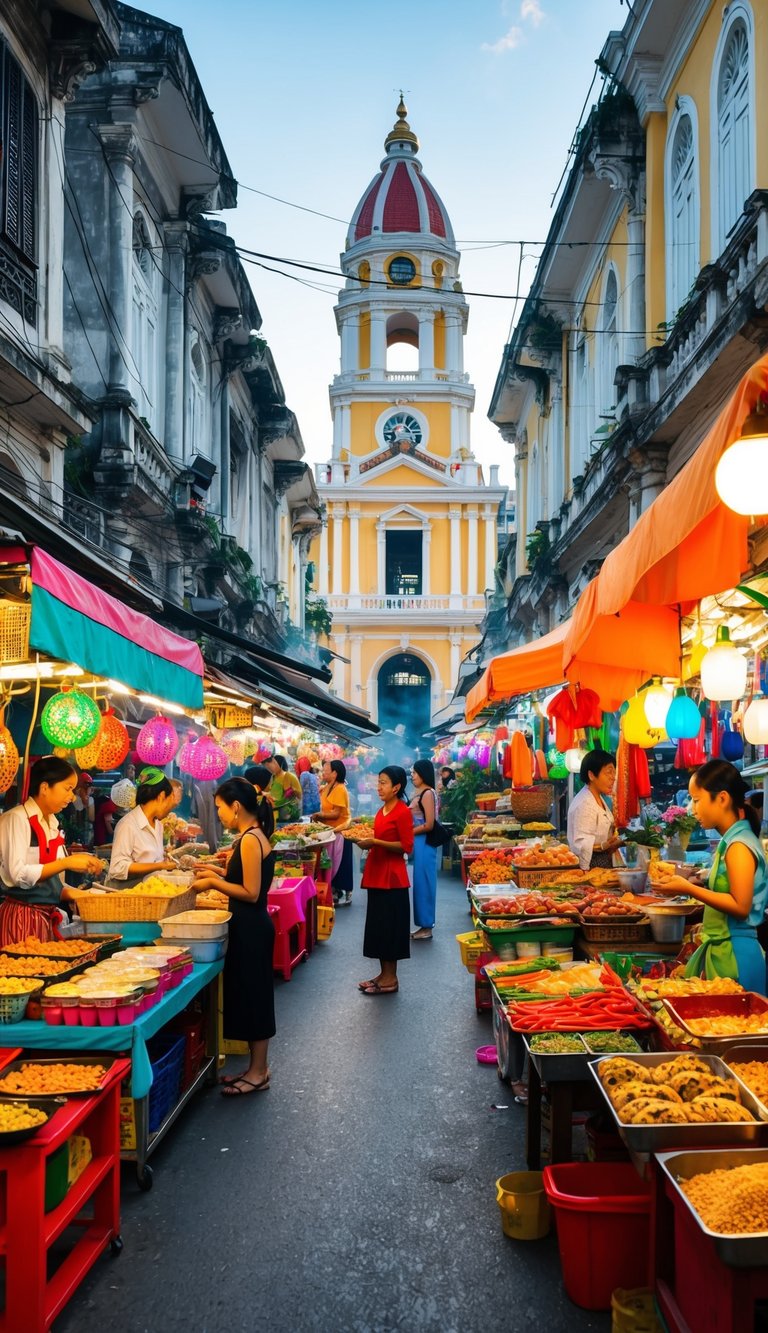 A bustling street market in Ho Chi Minh City, with colorful stalls selling traditional crafts and street food, surrounded by historic buildings and vibrant cultural performances