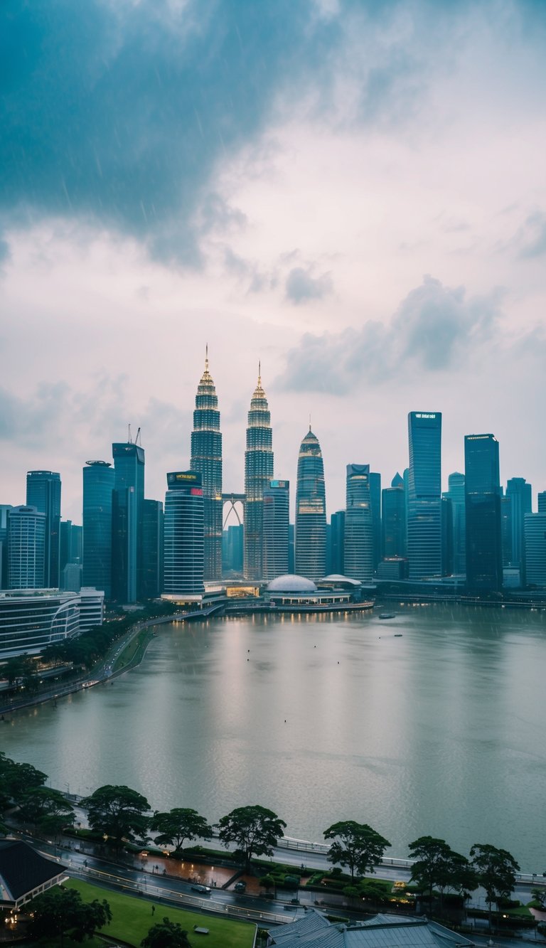 A cityscape of Kuala Lumpur during April, with rain falling and fewer crowds, creating a serene and peaceful atmosphere for visitors to enjoy