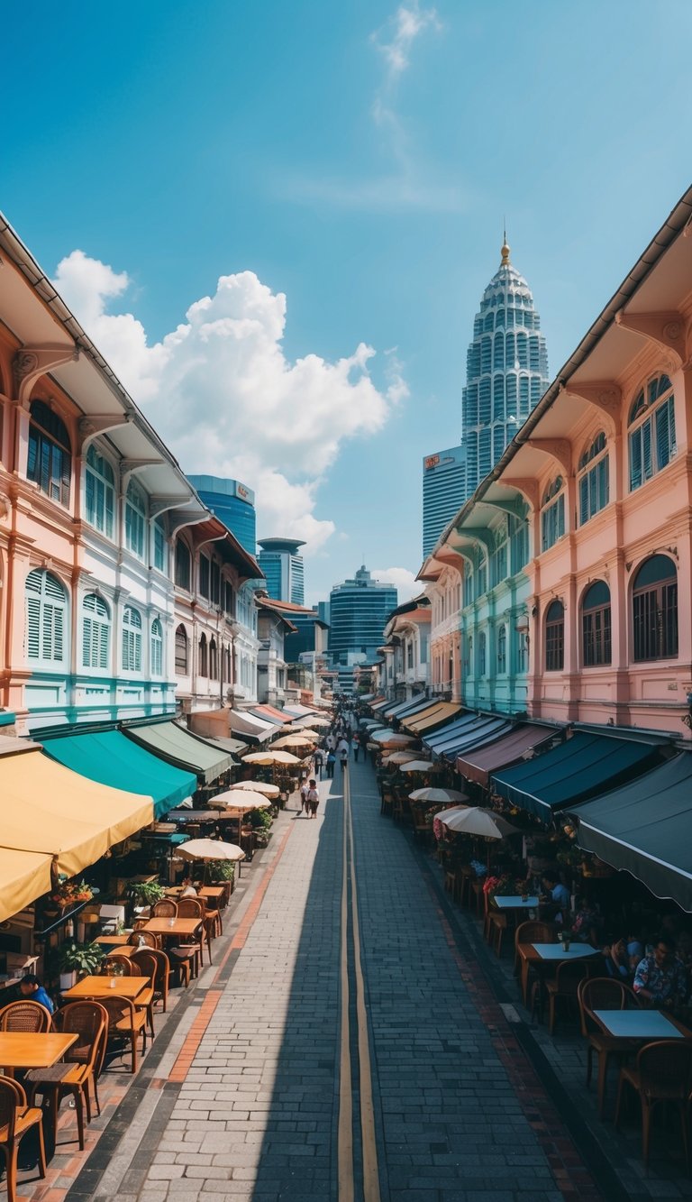 A bustling city street in Kuala Lumpur, filled with colorful buildings, bustling markets, and lively outdoor cafes under a clear, sunny sky