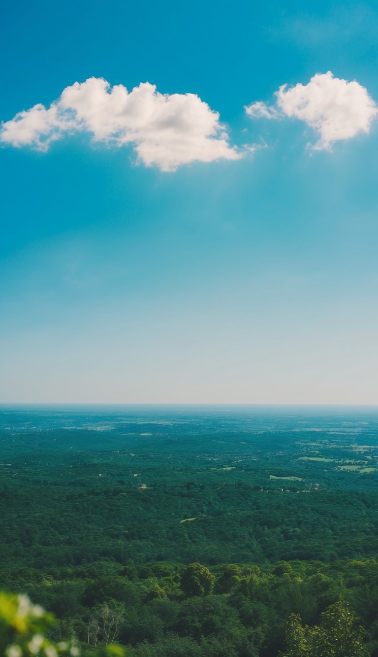 Clear blue skies over a lush, green landscape with no sign of rain