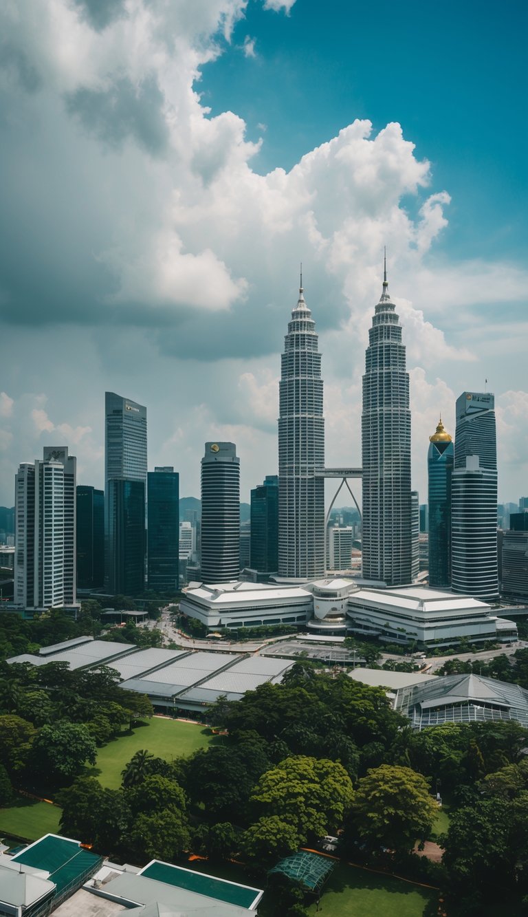 A sunny afternoon in Kuala Lumpur, with sporadic rain showers and a comfortable temperature